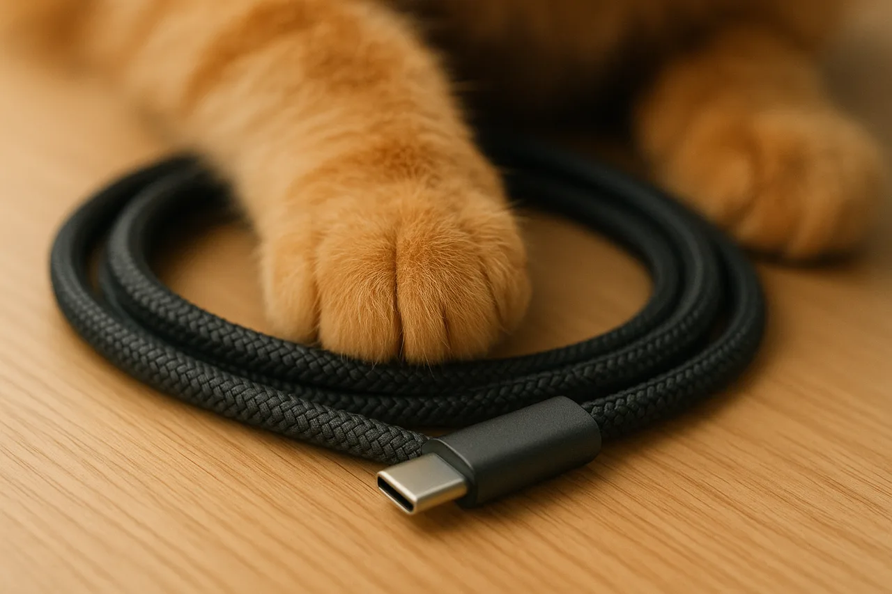An orange tabby cat with one paw resting on a coiled ChewGuard USB-C to USB-C braided charging cable